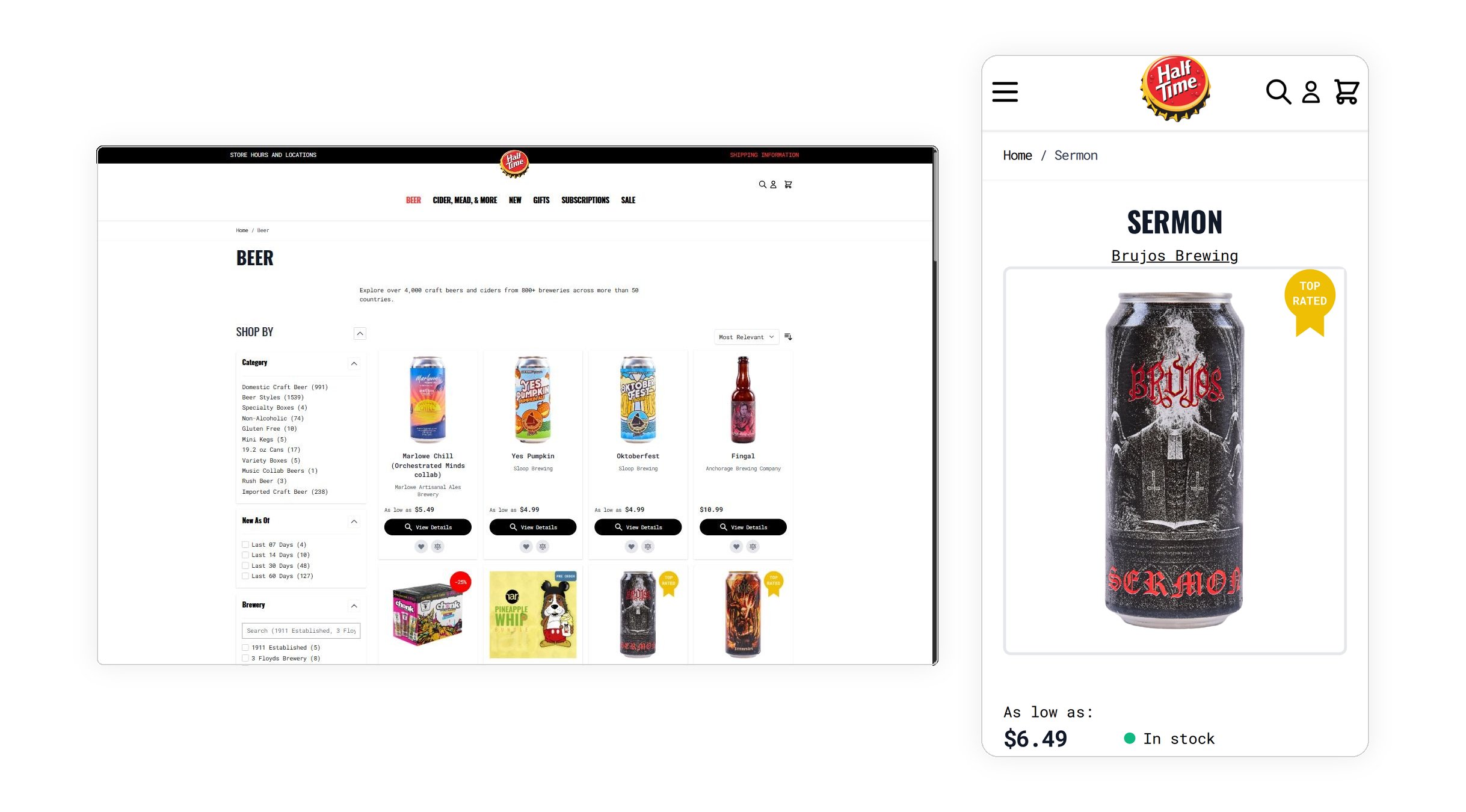 Half Time Beverage Hyvä storefront: desktop category page and mobile product page
side by side